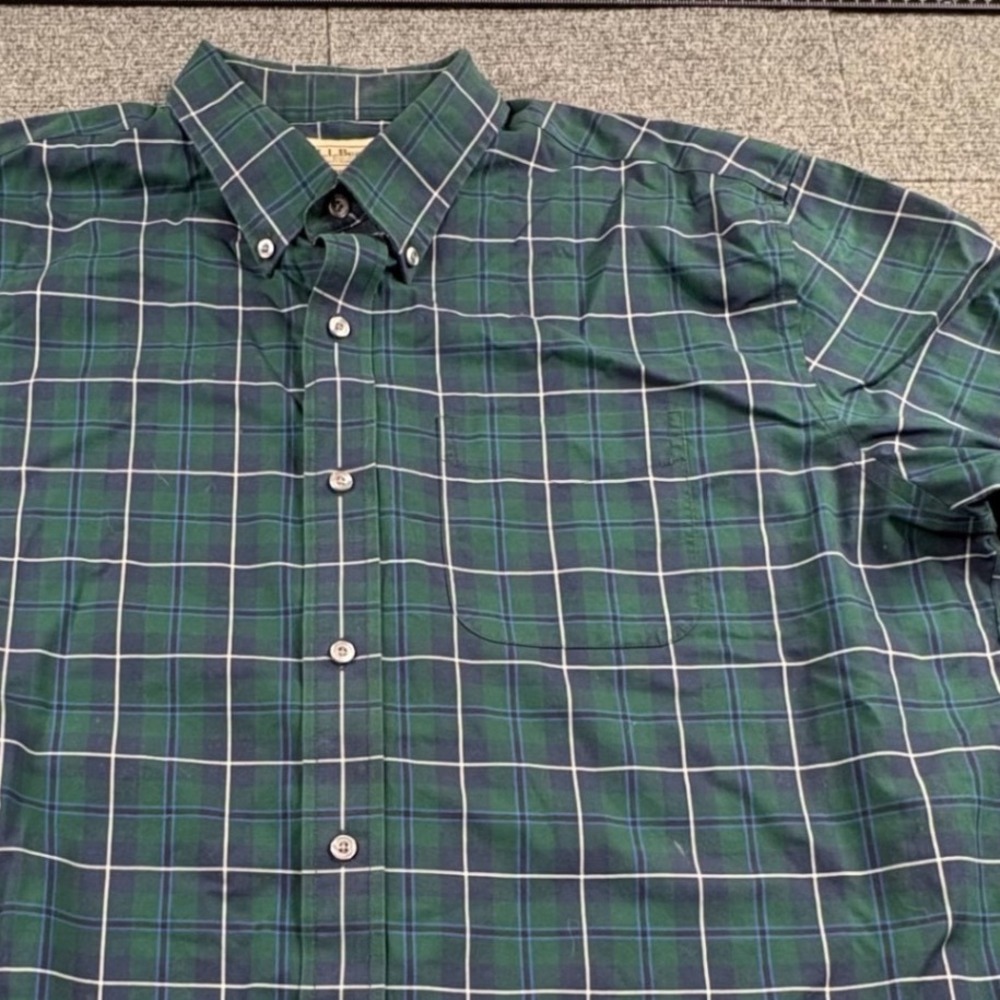 LL Bean Traditional Fit Plaid Button Down Shirt Mens XL Green Navy Blue